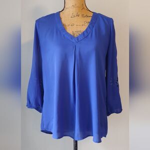 Brixon Ivy V-Neck Blouse w Cut Out Embroidery 3/4 Sleeve Sz L Blue